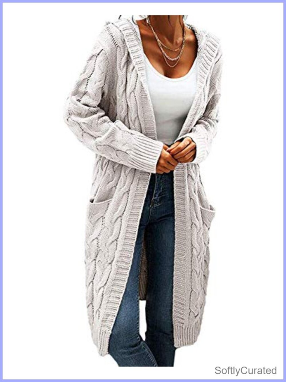 Hooded Open Front Cardigan Cable Knit Chunky Long Sweater Coat